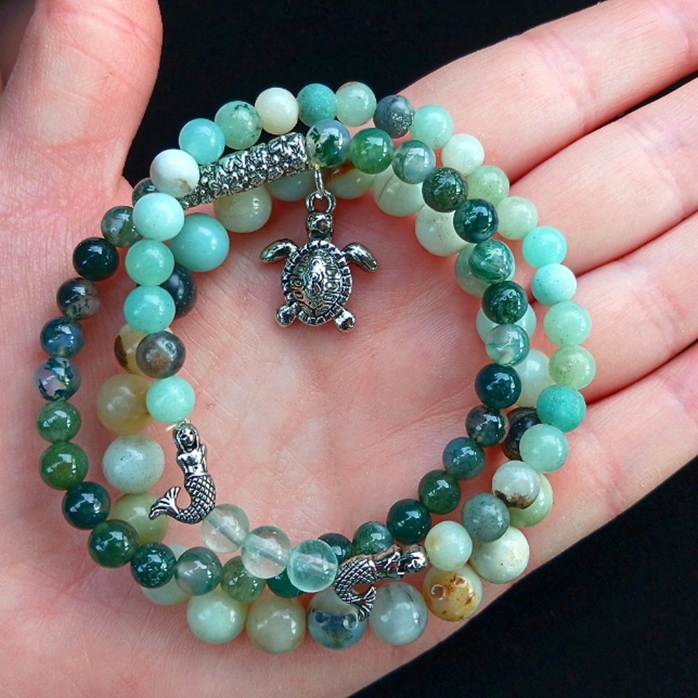 Amazonite Moss Agate Fluorite sea turtle charm gemstone stretch bracelet set